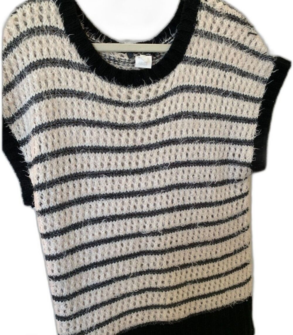 Striped Fuzzy Eyelash Knit Sweater Womens L XL Black Cream Soft Cozy